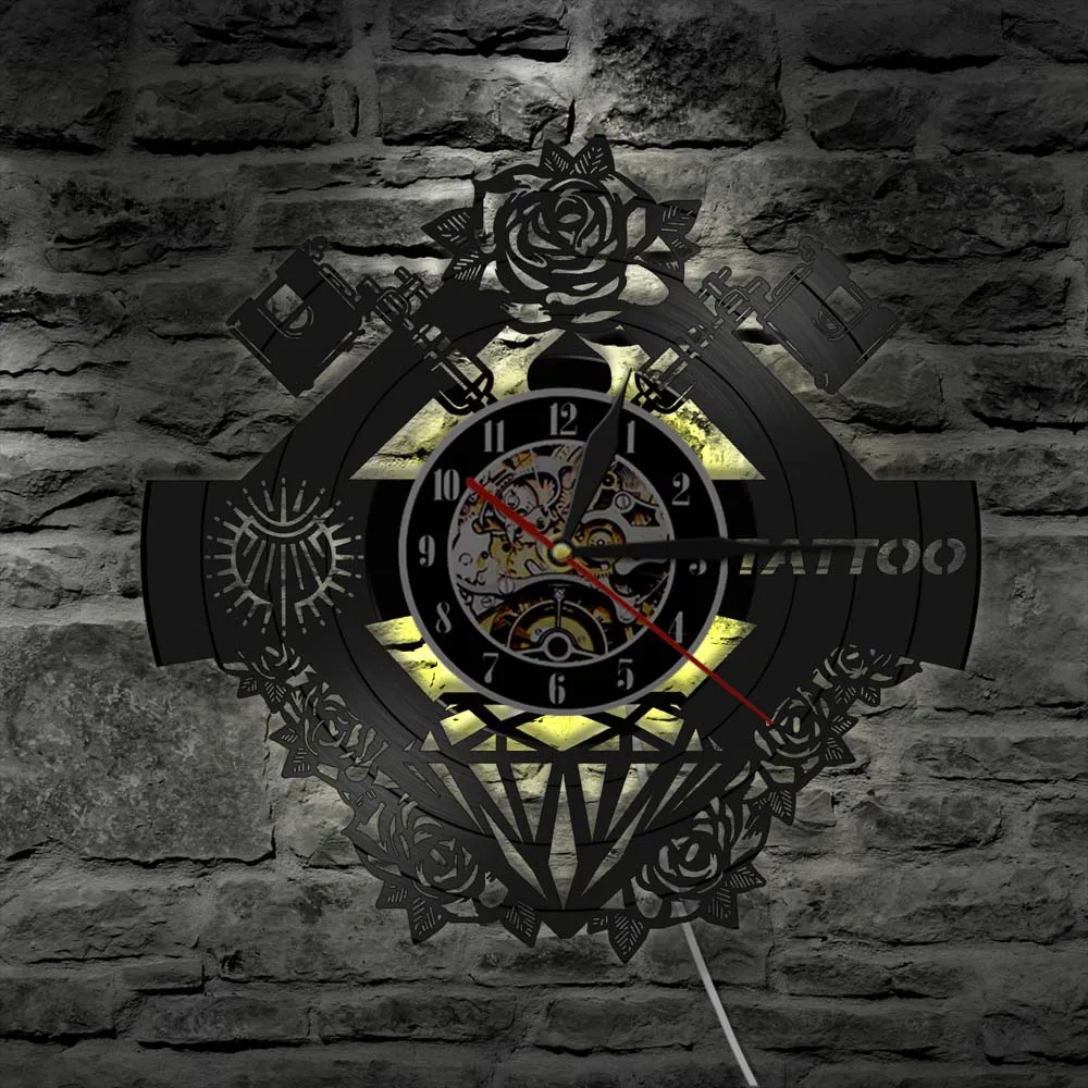 Tattoo Studio Sign Tattoo Nome Personalizzato Silent Vinyl Record Wall Clcok Tattoo Shop Tattoo Machine Wall Decor Hipster Men Gift