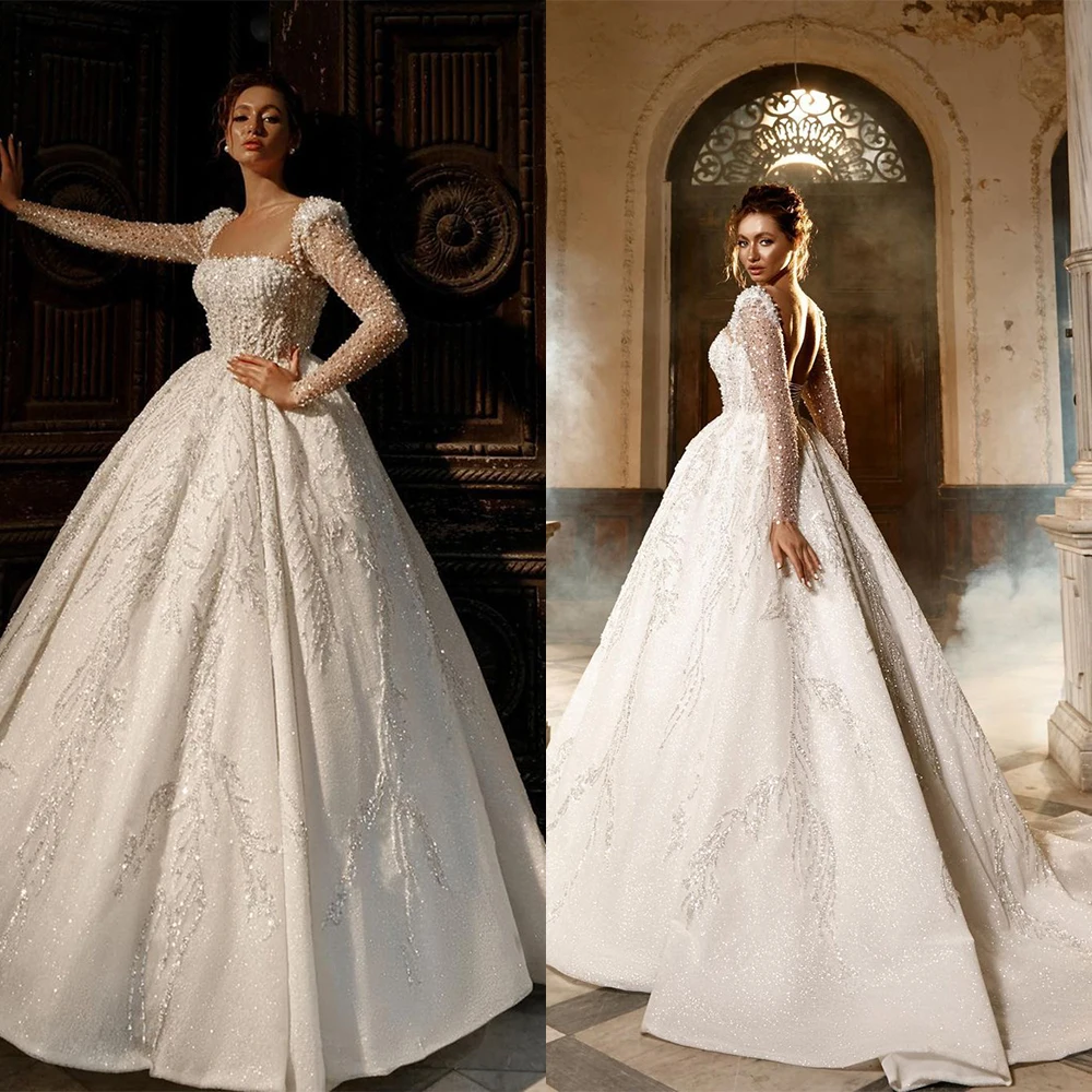 

Delicate A-Line Wedding Dress For Women Appliques Sequins Pearls Bridal Gown Long Sleeves Skirt Sweep Train Backless Dresses