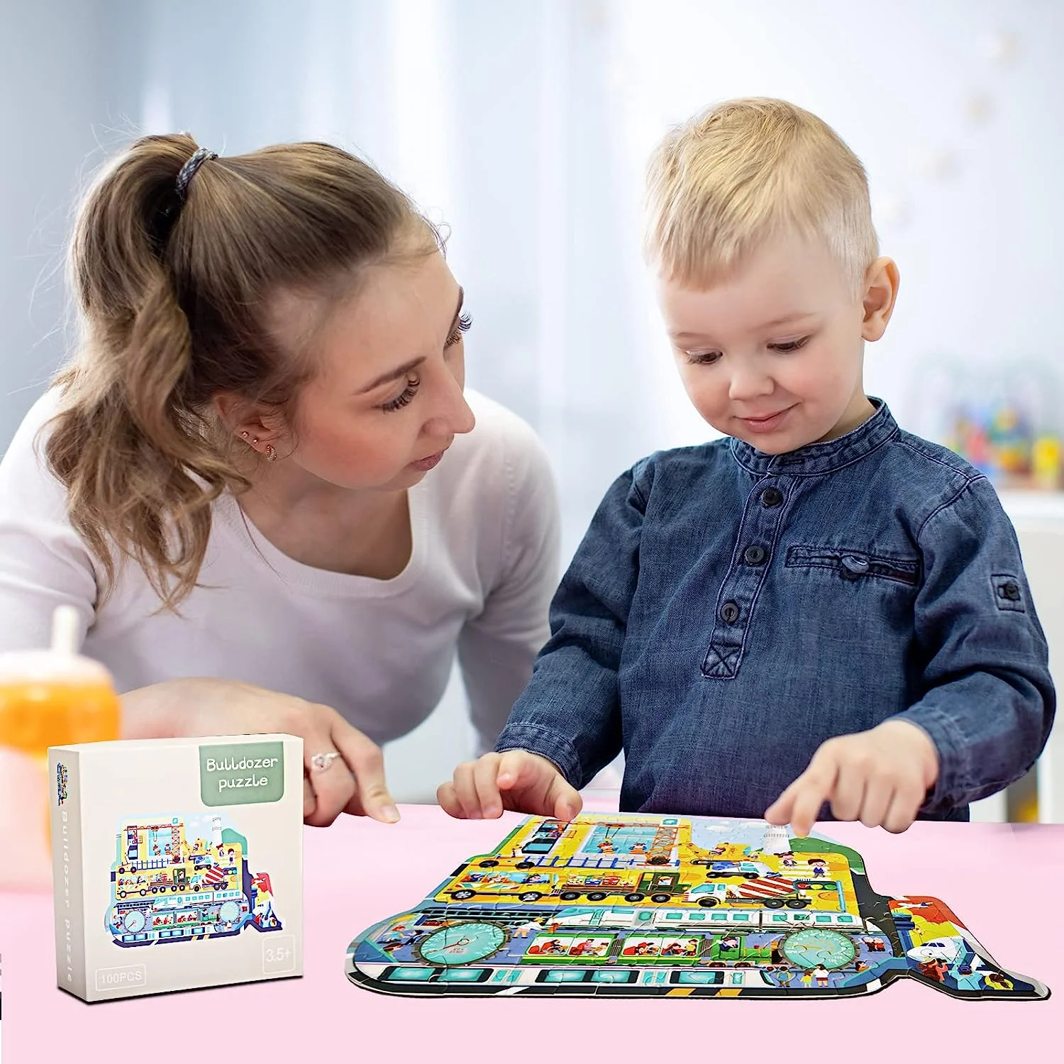Puzzles for Kids Ages 4-10 100 Piece Puzzles for Kids Bulldozer Construction Vehicles Shaped Jigsaw Puzzle Christmas Birthday Gift