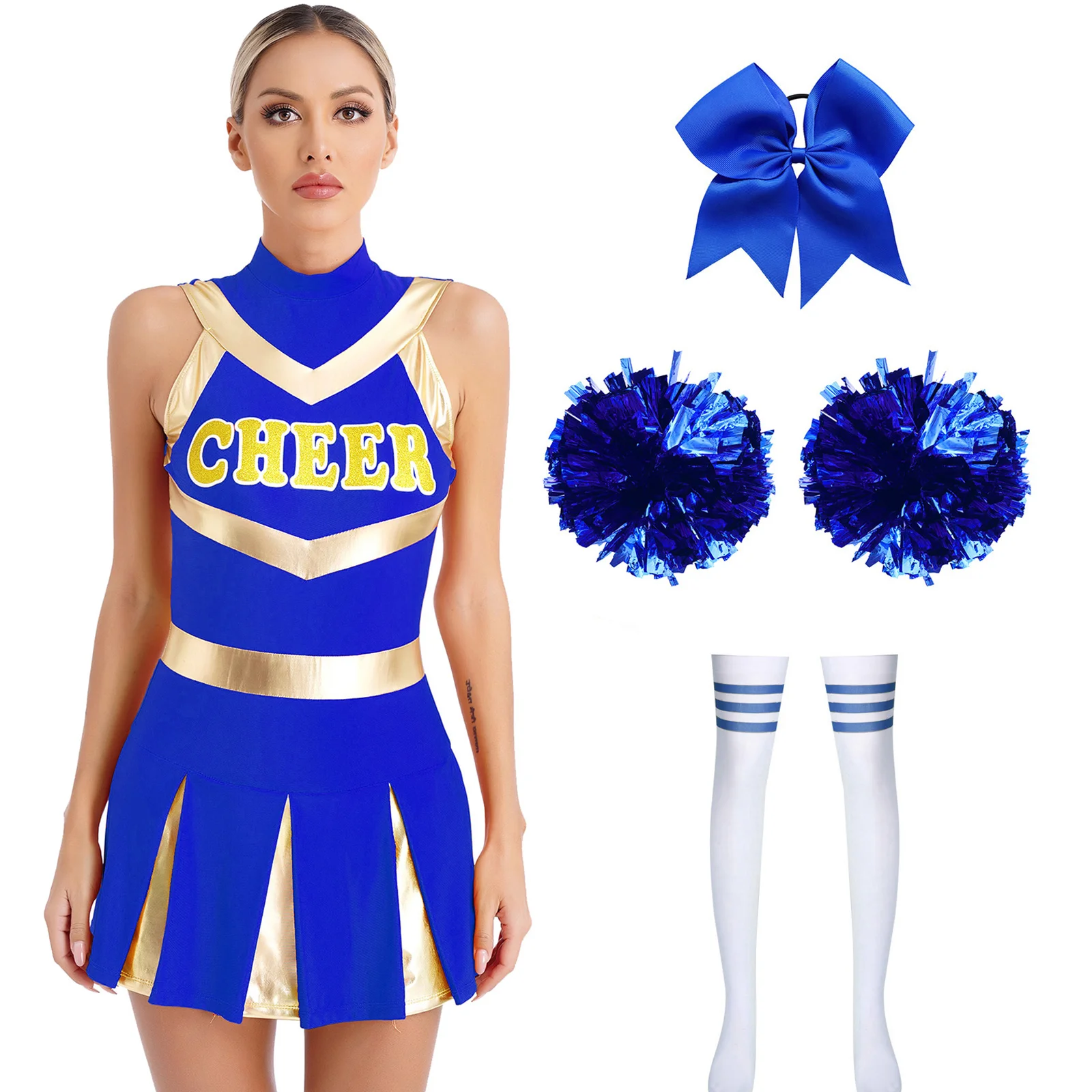 

Женская модель, униформа старших классов Cheer Team, наряды с принтом, плиссированное платье без рукавов с чулками и помпонами