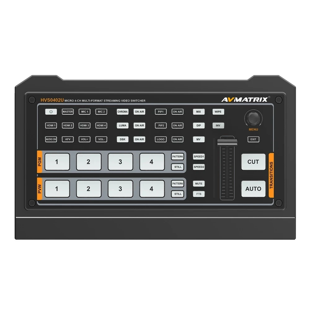 

Avmatrix HVS0402U Nieuwe 4 Kanaals HD-MI Video Switcher Live Atreaming Qith Luma Key Chroma Key Downstream Sleutel Ftb/Pip voor
