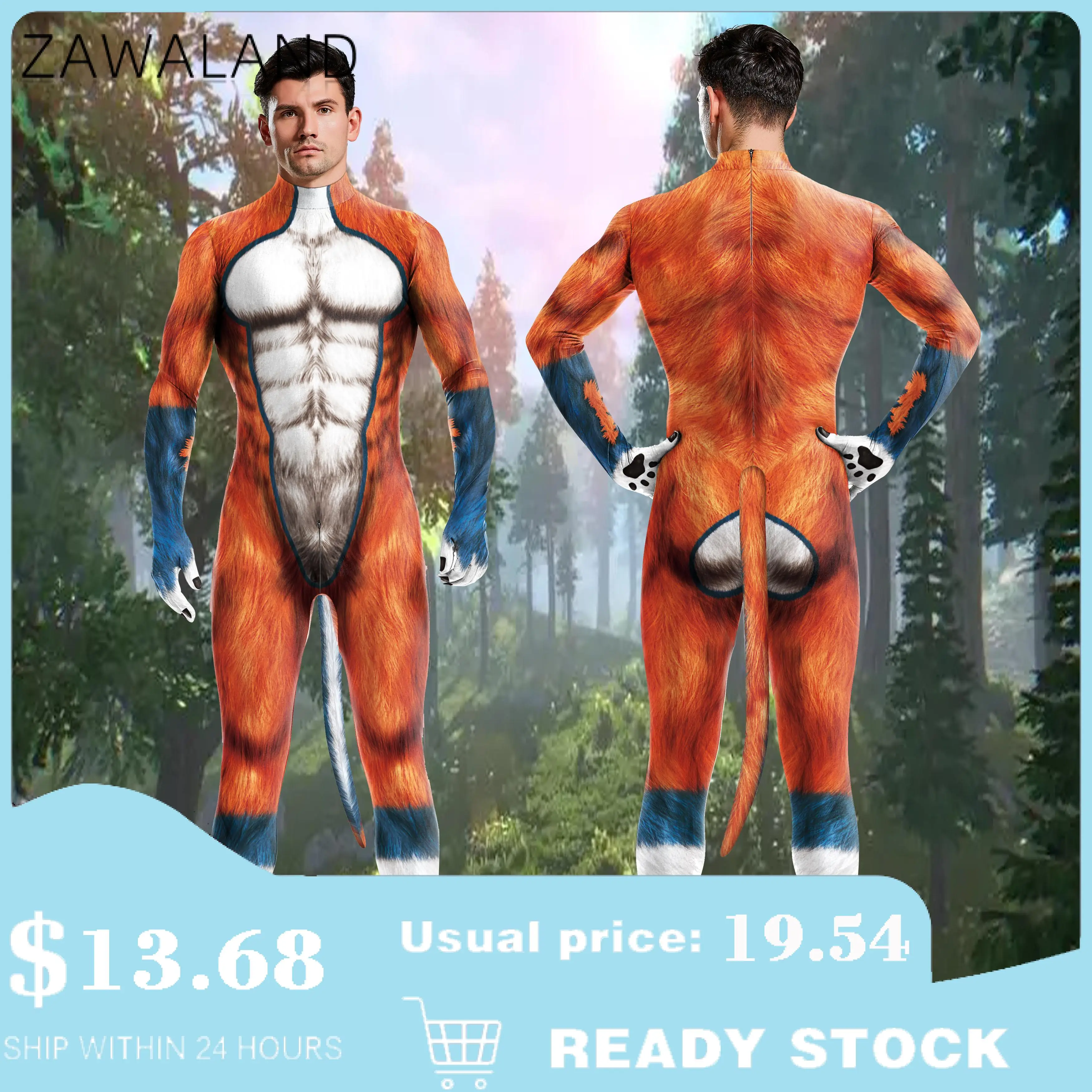 

Костюм для косплея Zawaland для взрослых, комбидресс с 3D-принтом волка и животных, костюмы зентай с хвостом и шаговым швом, Комбинезоны на молнии, костюмы