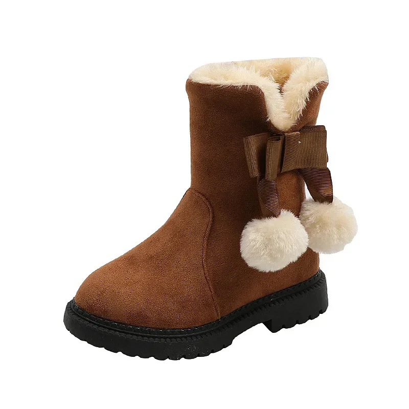 Fashion Girls Cotton Boots Winter Kids Princess Snow Boots Sweet Hairball Bowknot Warm Children's Fluffy Ankle Boots Versatile