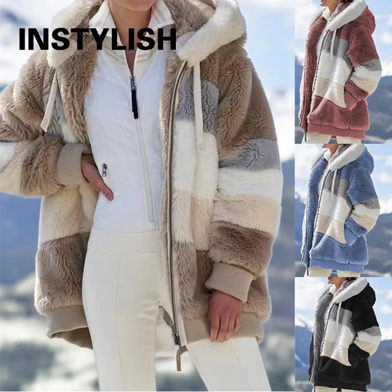 

Women Winter Plush Overcoat Elegant Striped Stitching Loose Hooded Zipper Jackets Teddy Coat Vintage Harajuku Thick Warm Outwear