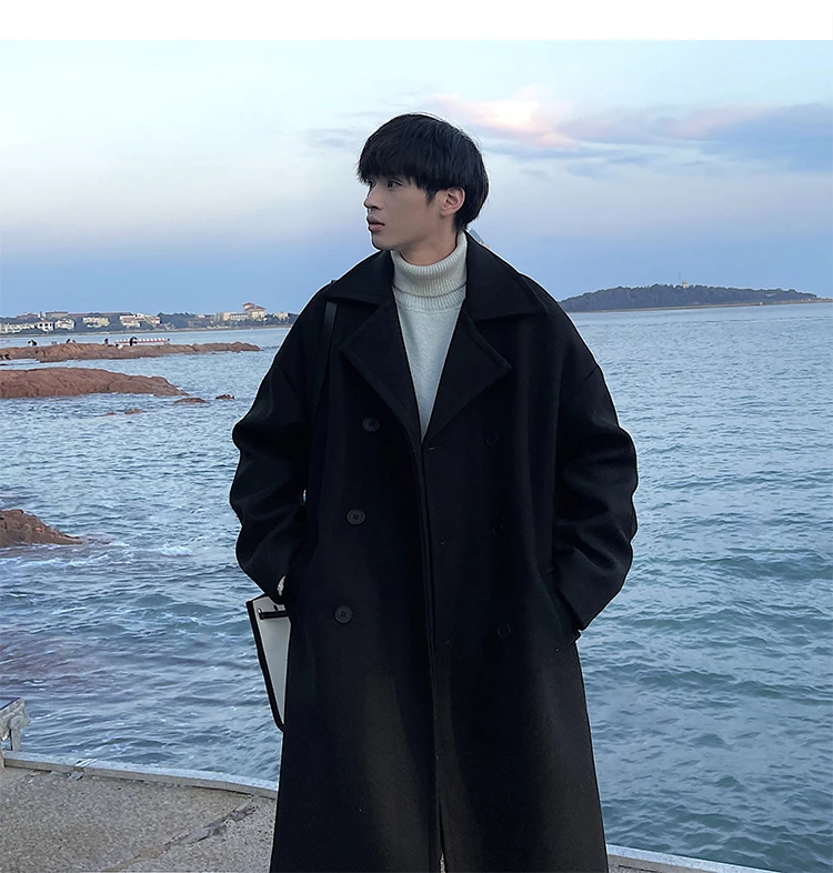 Description Picture 6 of itemKorean Trend Blends Men Autumn Temperament Handsome Baggy Double Breasted Fashion Cozy Blocking Overcoats Pure Color Classic