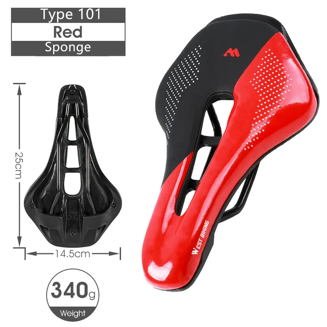WEST BIKING Bike Saddle MTB Mountain Road Bike Seat PU Leather Gel Filled Cycling Cushion Comfortable Shockproof Bicycle Saddle 101 Red