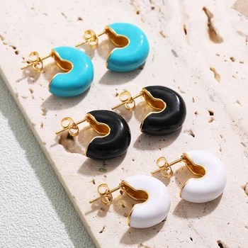 New Trendy Enamel Color CC Shape Small Hoop Earrings for Women Smooth Metal Circle Piercing Earring Fashion Jewelry Gifts