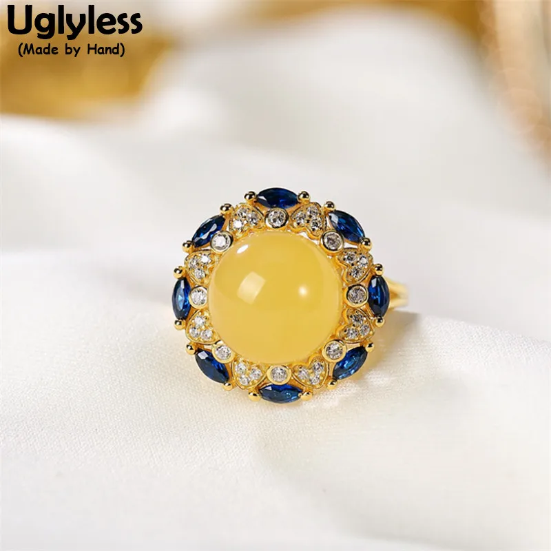 

Кольца Uglyless из натурального янтарного пчелиного воска с высоким стеклом для женщин, блестящие цирконы, реальное серебро 925 пробы, роскошное украшение для платья, золото