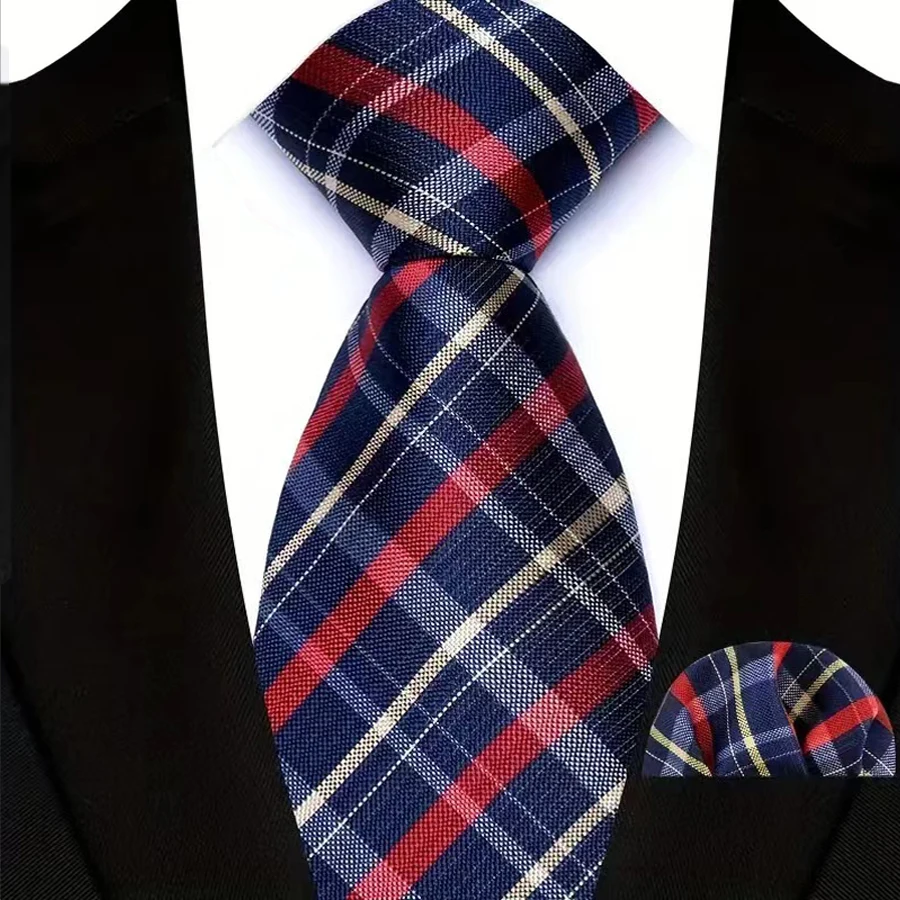 Luxus Herren Krawatte Set Jacquard Streifen Plaid Dot Krawatte Einstecktuch Set Dunkelrot für Männliche Männer Hochzeit Business Party Krawatten Geschenk – Detail 15