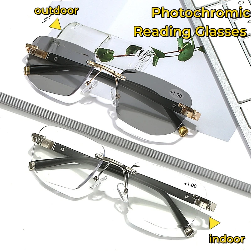 Randlose, multifokale, photochrome Lesebrille mit Schneidkante, farbwechselnde Presbyopie-Brille, blockierende Augenschutzbrille