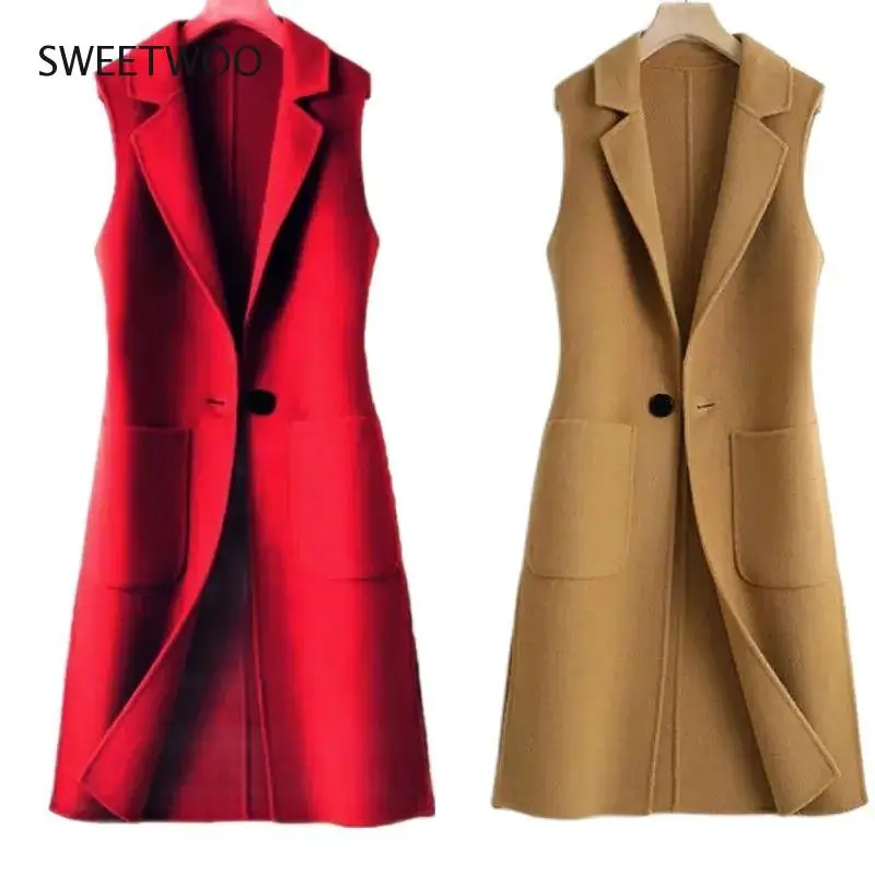 4Xl Woolen Vest Female Spring Autumn Slim Show Thin All Match Mid-Length Large Size Fashion Sleeveless Female Jacket Tide 2022