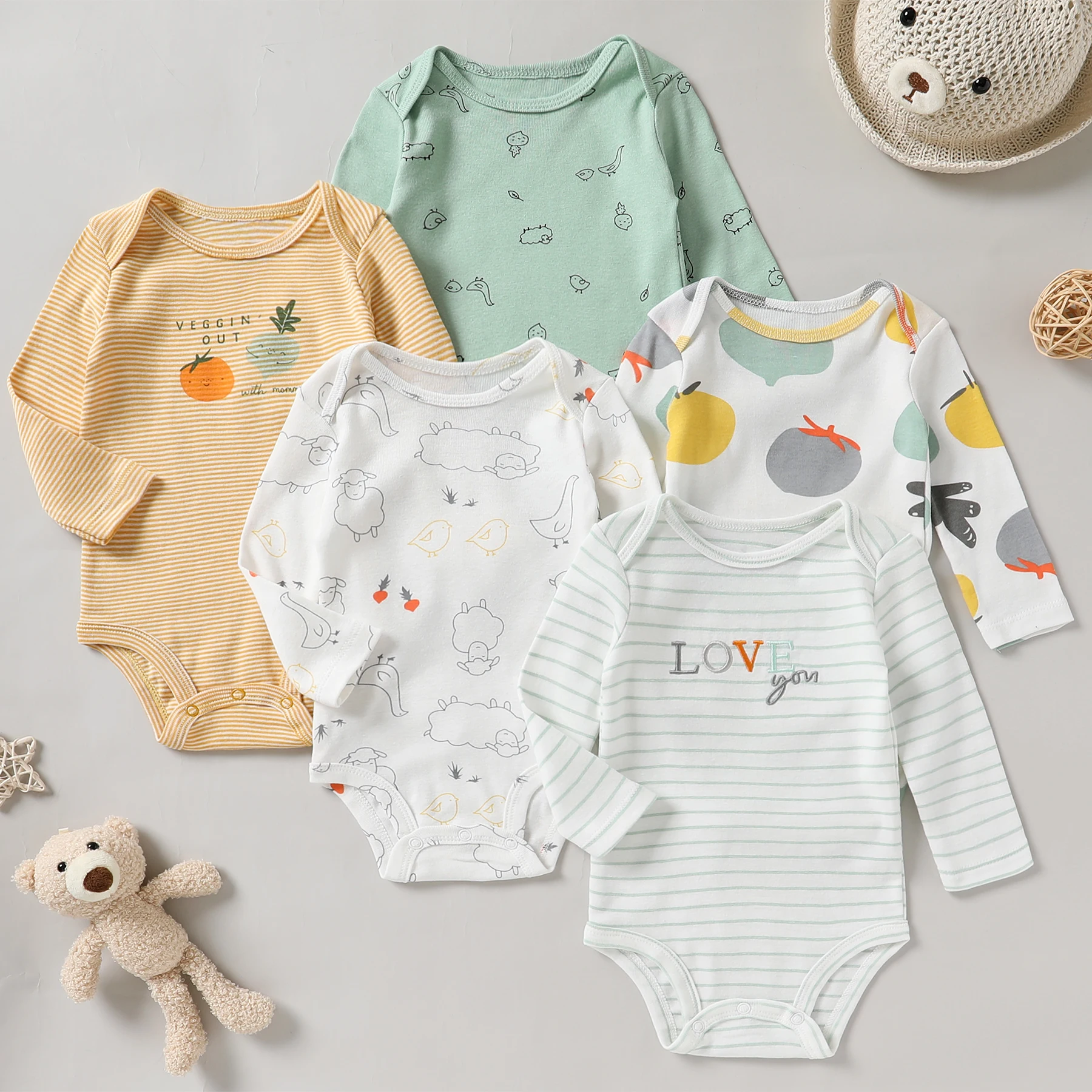 5-Pack Winter Toddler Baby Boys Girls Long Sleeve Cotton Onesie baby bodysuit cotton romper Bodysuit Romper Clothes Outfits for 0-24 Months