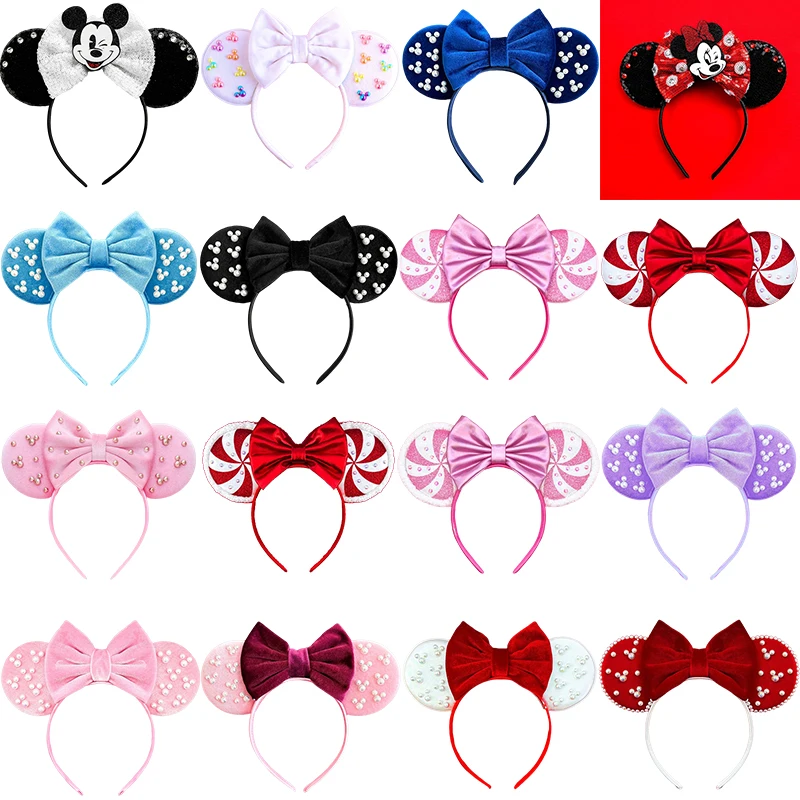 Sutra Mickey Mouse Headband Baby Pearl Minnie Ears Hairbands Kids Adult Party Bow Hair Accessories Girls Disney Hair Bands Gifts ddlg collar letter glitter necklace for adult baby collar collar pu leather necklace adult baby diaper lover