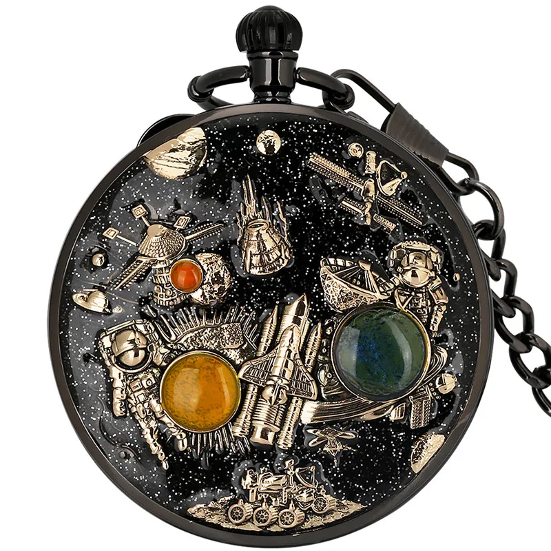 Steampunk Black Space Astronauts Case Playing Music Men Women Manual Quartz Pocket Watch Musical Clock FOB Chain Timepiece Gift