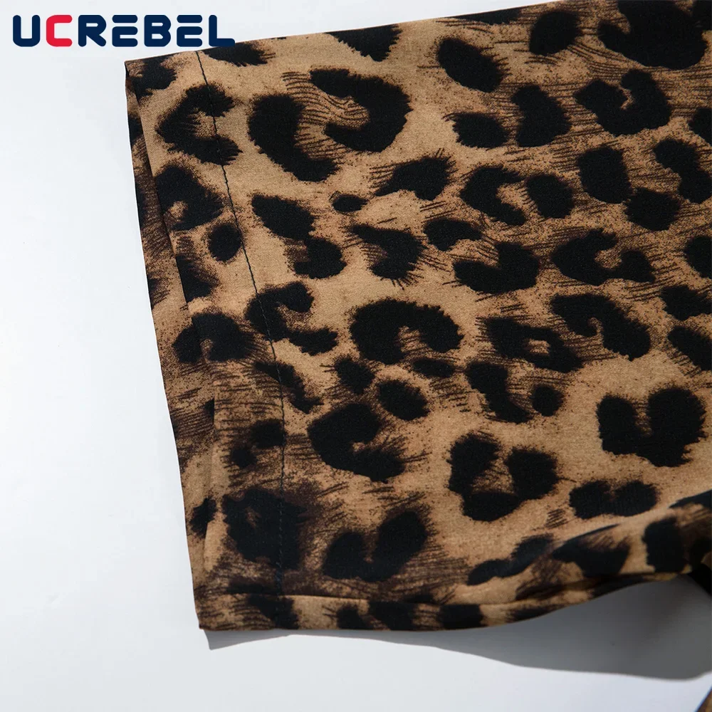 Leopard Print Short Sleeve Cotton Tee Mens Summer High Street Loose Lapel Single Breasted Half-Sleeve Tshirt Men 4