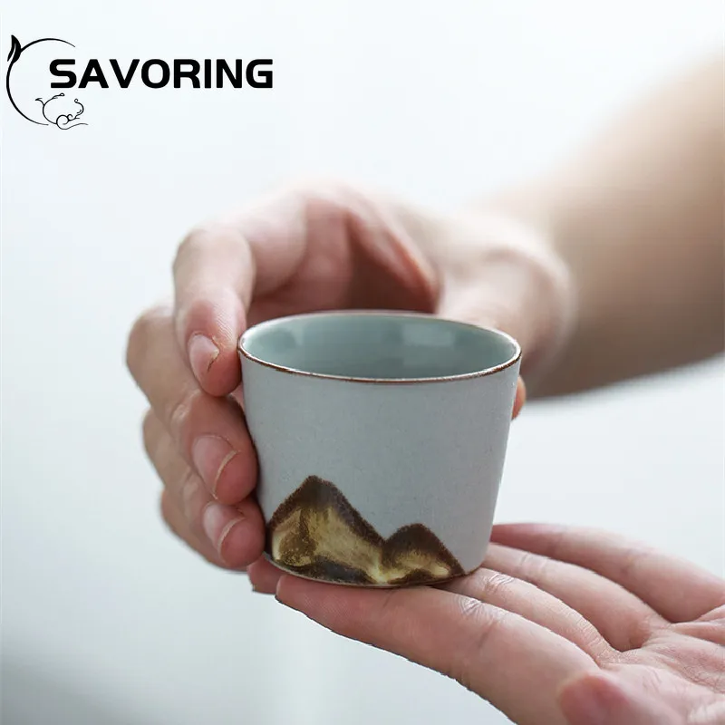 Chinese Style Stoneware Master Cup Mountain View Hand-Painted Zen Teacup Handmade Retro Ceramic Kungfu Teaset Ceramic Small Cups