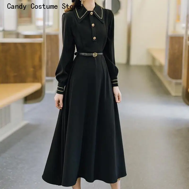 Vintage Dress Lolita Harajuku Cottagecore Robe Summer Dresses Outfits For Women Casual Clothes Long Sleeve Strap Midi Black