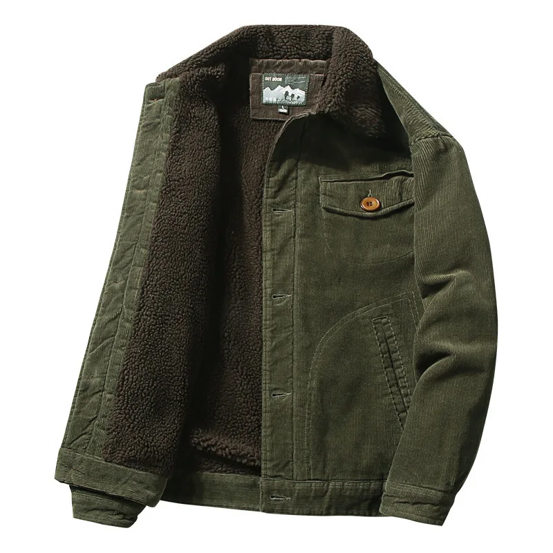 2024 Jackets Men's Winter Plus Velvet Jacket Corduroy Tooling Casual Parka Korean Fashion Solid Color Cotton Jacket