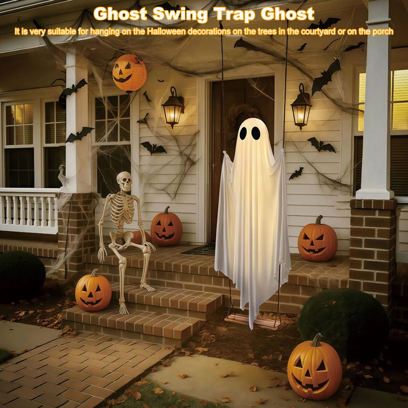 Halloween Hanging Swing Ghost Decor LED Adjustable Ghost Decorations Battery Powered Spooky Ghost Ornament for Porch Yard Trees