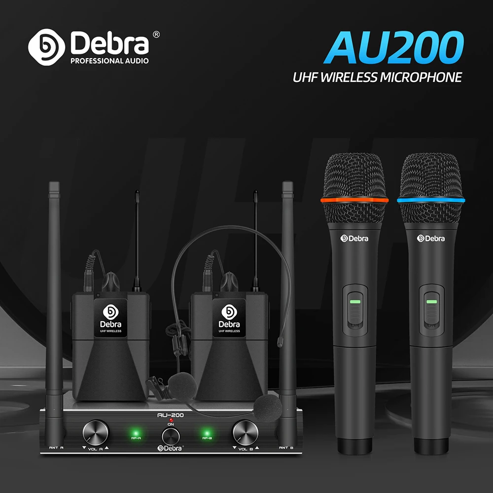 AU200 2 채널 무선 마이크, 선명한 픽업, 저전력 소비, 무대, 교회, 회의, 파티, 노래방에 적합