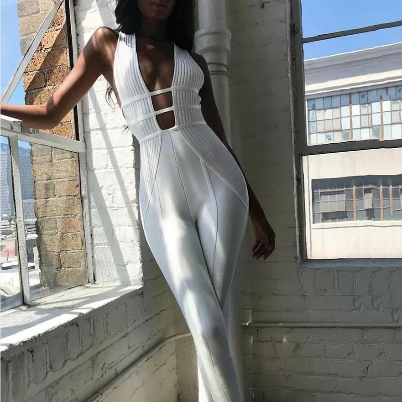 Sexy Hollow Out Bodycon Jumpsuits 2021 Summer Sleeveless Backless Skinny Rompers Fashion White Jumpsuit Women Party Playsuits