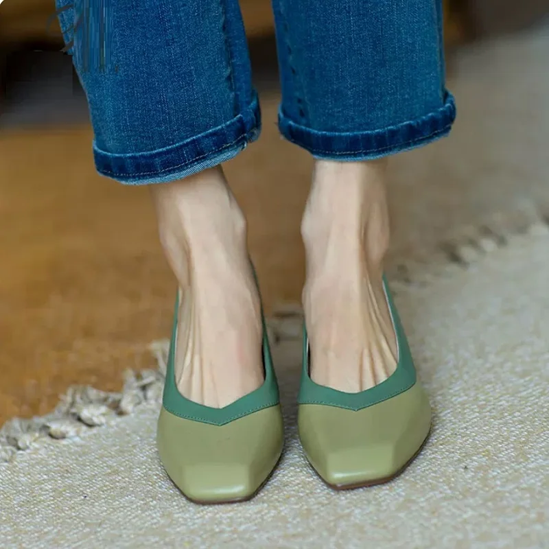 

Elegant Pumps Miexed Color Cozy Med Heels Slip On Real Leather Pumps On Med Heel Women's Shoes Square Toe French Style