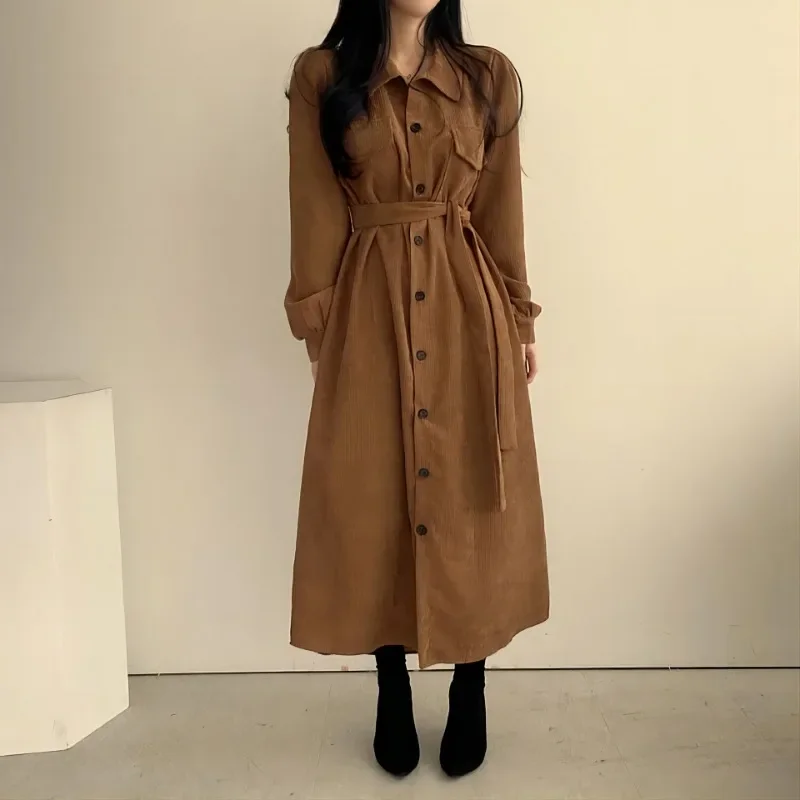 

Dress for Women 2023 New Autumn Winter Long Sleeved Lapel Waist Up Dress Retro Corduroy Casual Long Oversize Women Dresses