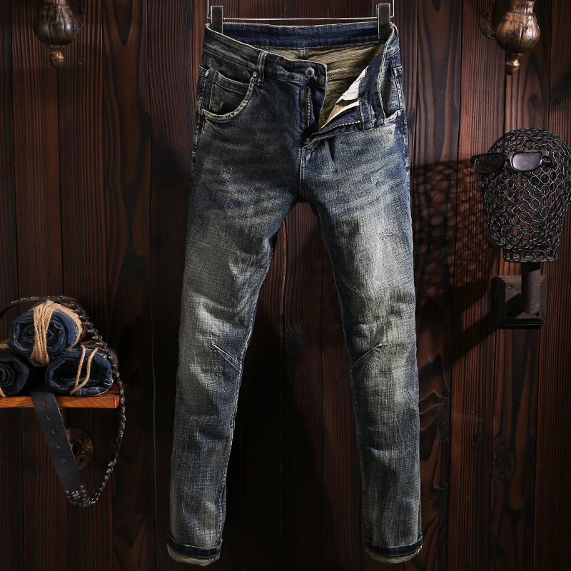 Italian Style Fashion Men Jeans Retro Wash Elastic Slim Fit Ripped Jeans Men Stretch Trousers Vintage Designer Denim Pants Homme