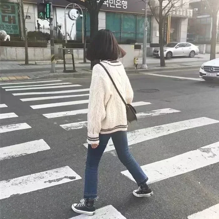 여성용 베이지 스타 귀여운 대학 싱글 브레스트 스웨터, 한국 여성 스웨터, 대비 색상, V넥 니트 가디건, 2022 가을