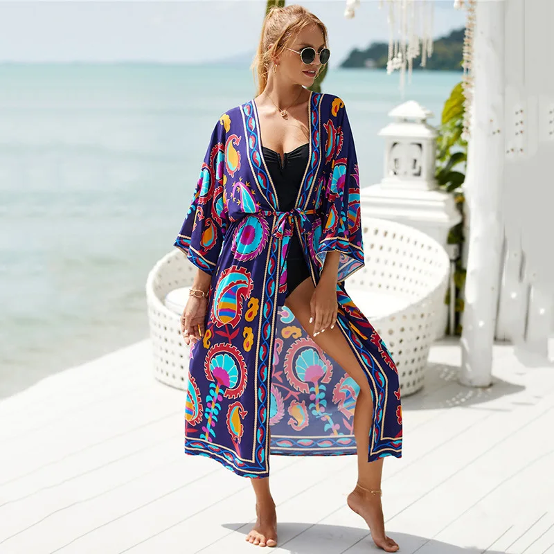 

Beach Blouse Robe Style Holiday Dress Bikini Jacket Women's Spring Summer Printed Flower Leisure Sun Protection Lady Seaside