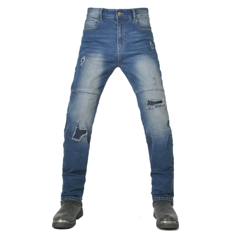 윈엑스 휠스 남성용 빈티지 디스트레스드 립드 모터사이클 진, 워싱드 페이디드 스트레이트 레그 엑스트라 롱 라이딩 팬츠 (보호 기능 포함)