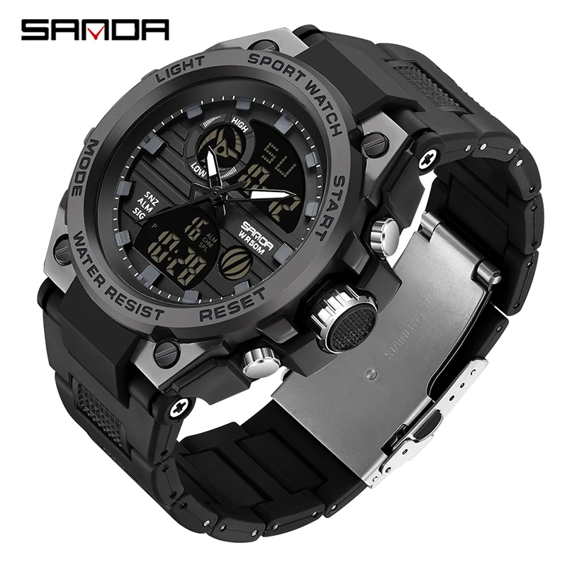 SANDA Sport Watch For Men Military Quartz Watch Man Waterproof Dual Display Digital Wristwatch for Men Clock Relogios Masculino