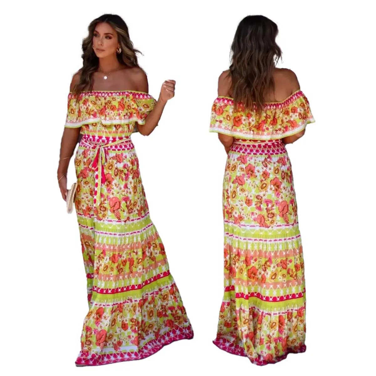 Abito messicano da donna con spalle scoperte con fiori ricamati in pizzo, linea ad A, con volant, maxi abito estivo boho, spiaggia, festa della morte