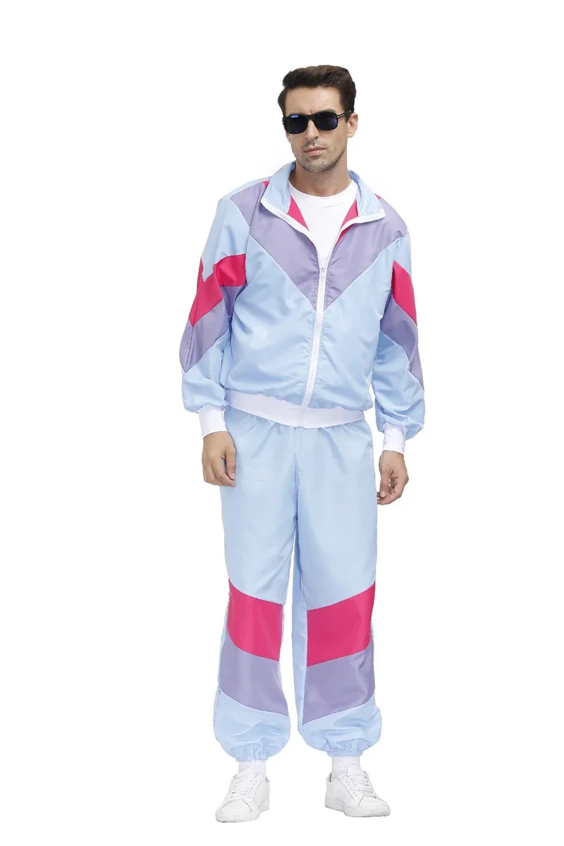 Men Retro 70's 80's Hippie Costume Hip Hop Rock Music Sports Suit Halloween Carnival Party Cosplay Fancy Dress Up