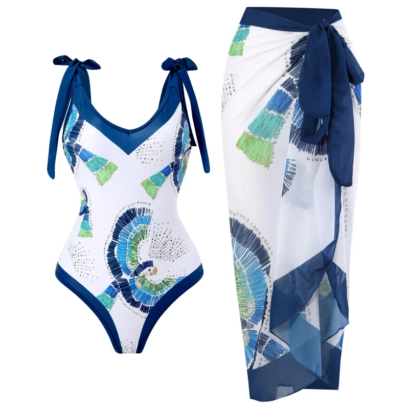 Womens One-Piece Swimwear Printed Chiffon Cover up Beach Sarong Swimsuit Wrap Maxi Skirt Bathing Bikini 2-Piece Set Beachwear