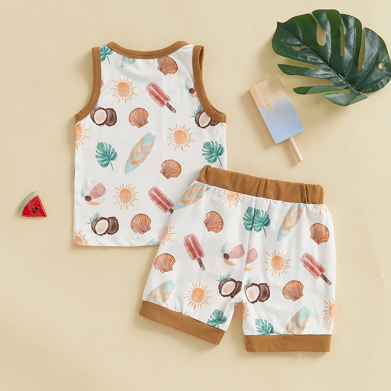 -10-28 Lioraitiin Toddler Baby Boy Shorts Set Seashell/Tree Tank Tops Elastic Waist Shorts 2Pcs Summer Outfit