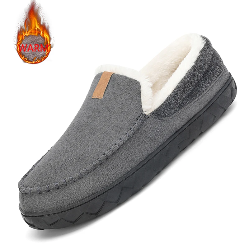 Men's Slippers Home Sewing Plush Memory Foam Warm House Shoes Male Luxury Suede Soft Non-Slip Winter Slippers For Indoor/Outdoor
