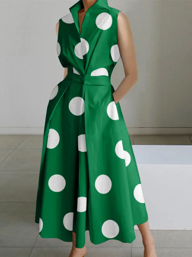 

Onecozyday 2023 New Stylish Female Polka Dot Dresses Lapel V-Neck Sleeveless Summer Elegant A-Line Commuter Dresses for Women