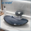 KEMAIDI Bathroom Vessel Sink Oval Glass Vessel Sink with Waterfall Faucet Tap Tempered Glass Bathroom Sinks Above Counter Basin 1