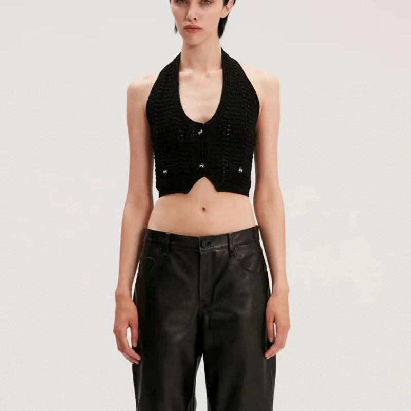 

Handmade Knitted Tank Top,Black Fashion Sexy Backless Women's Tops,High Quality,Y2K,2024,Summer,New