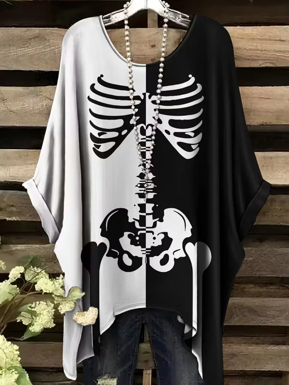 ตัวเลือกสินค้า เสื้อยืดโอเวอร์ไซส์สไตล์ Y2K ลายหัวกะโหลกโบฮีเมียน