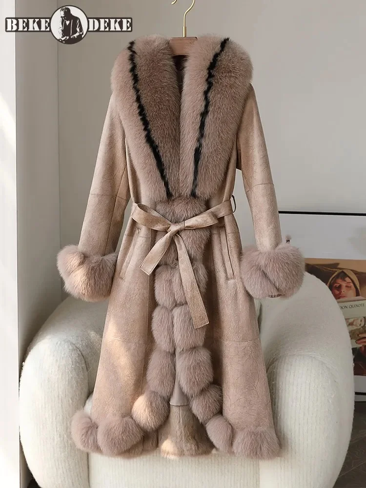 

High Quality Real Fur Overcoat Women Luxury Winter Rabbit Lining Warm Long Coat Fox Collar Elegant Office Ladies Coats