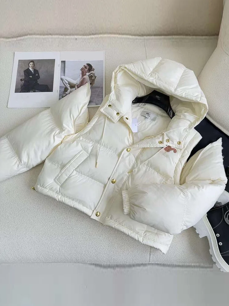 

Autumn and winter dual wear thick plush women's down jacket brown leather logo removable sleeves for multifunctional dressing