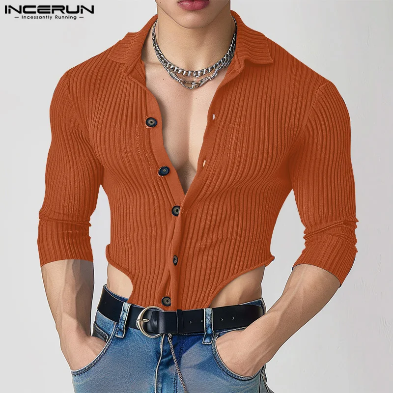 

INCERUN Tops 2024 American Style New Mens Knitted Striped Irregular Hem Shirts Casual Sexy Solid Color Long Sleeved Blouse S-5XL