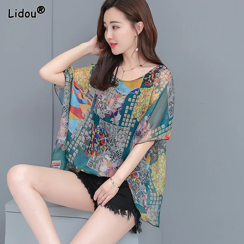 Korean Fashionable Loose Pullovers Fake Two Pieces Blouses Summer Thin Printing Round Neck Chiffon Women's Clothing 2023 Tops