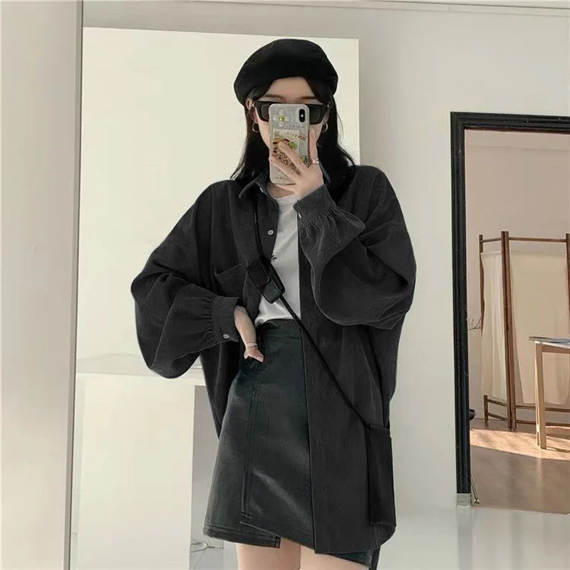 Spring New Blue All-match Loose Shirt Tops Long Sleeve Polo Neck Solid Corduroy Blouse Trend Fashion Casual Women Clothing