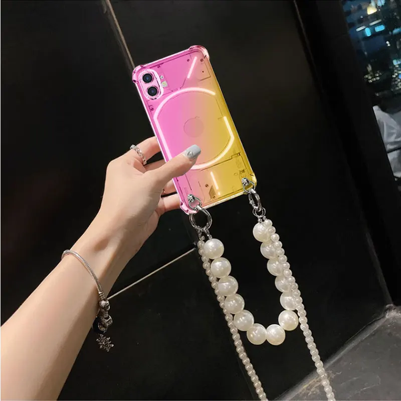 Pearl Chain Crossbody Lanyard Case with Rainbow Gradient Soft TPU Shockproof Cover