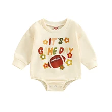-09-09 Lioraitiin 0-24M Newborn Baby Girl Boy Football Season Bodysuit Long Sleeve It’s Game Day Letter Printed Outfit
