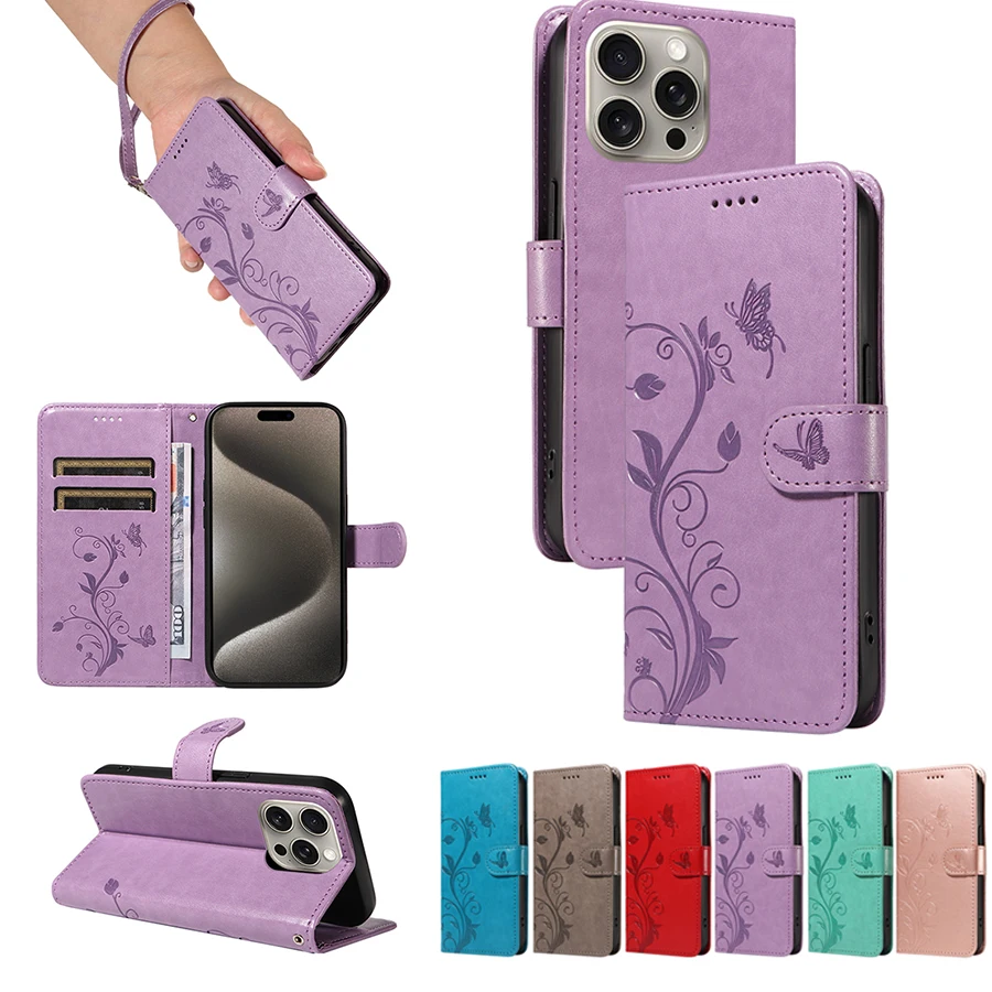 

Wallet Apricot Blossom Tree Embossed Flip Over Leather Case For iPhone 15 Pro Max 14 Plus 13 Mini 12 Pro 11 XR XS Max 7 8 Plus