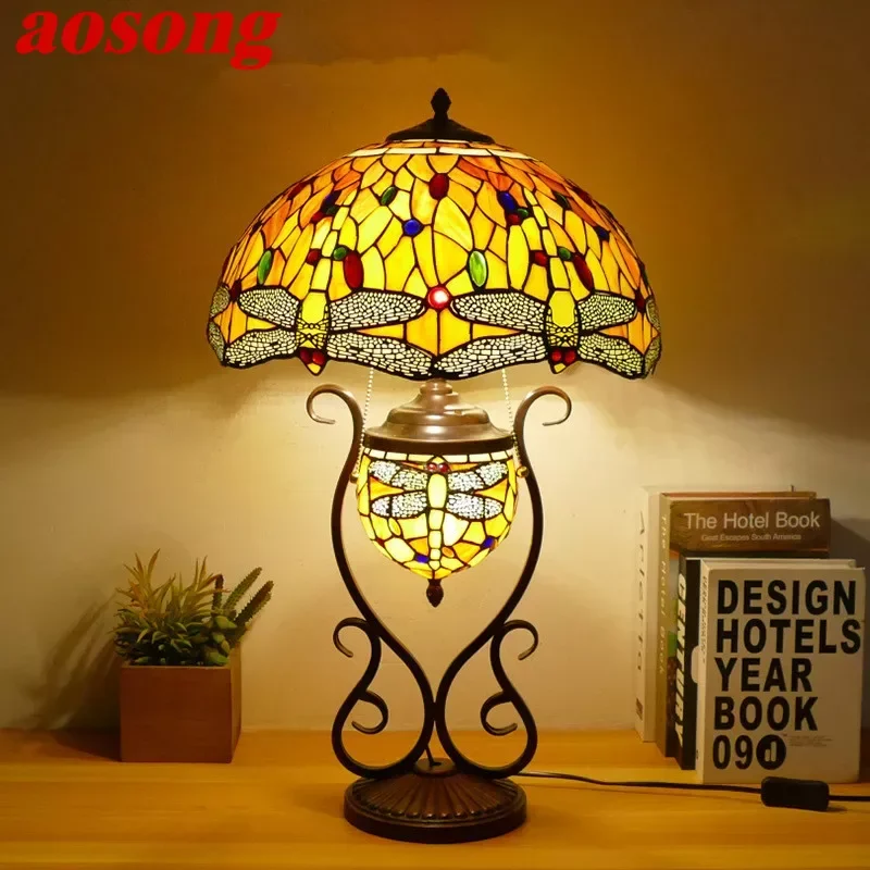 

AOSONG Tiffany Table Lamp American Retro Living Room Bedroom Lamp Luxurious Villa Hotel Stained Glass Desk Lamp